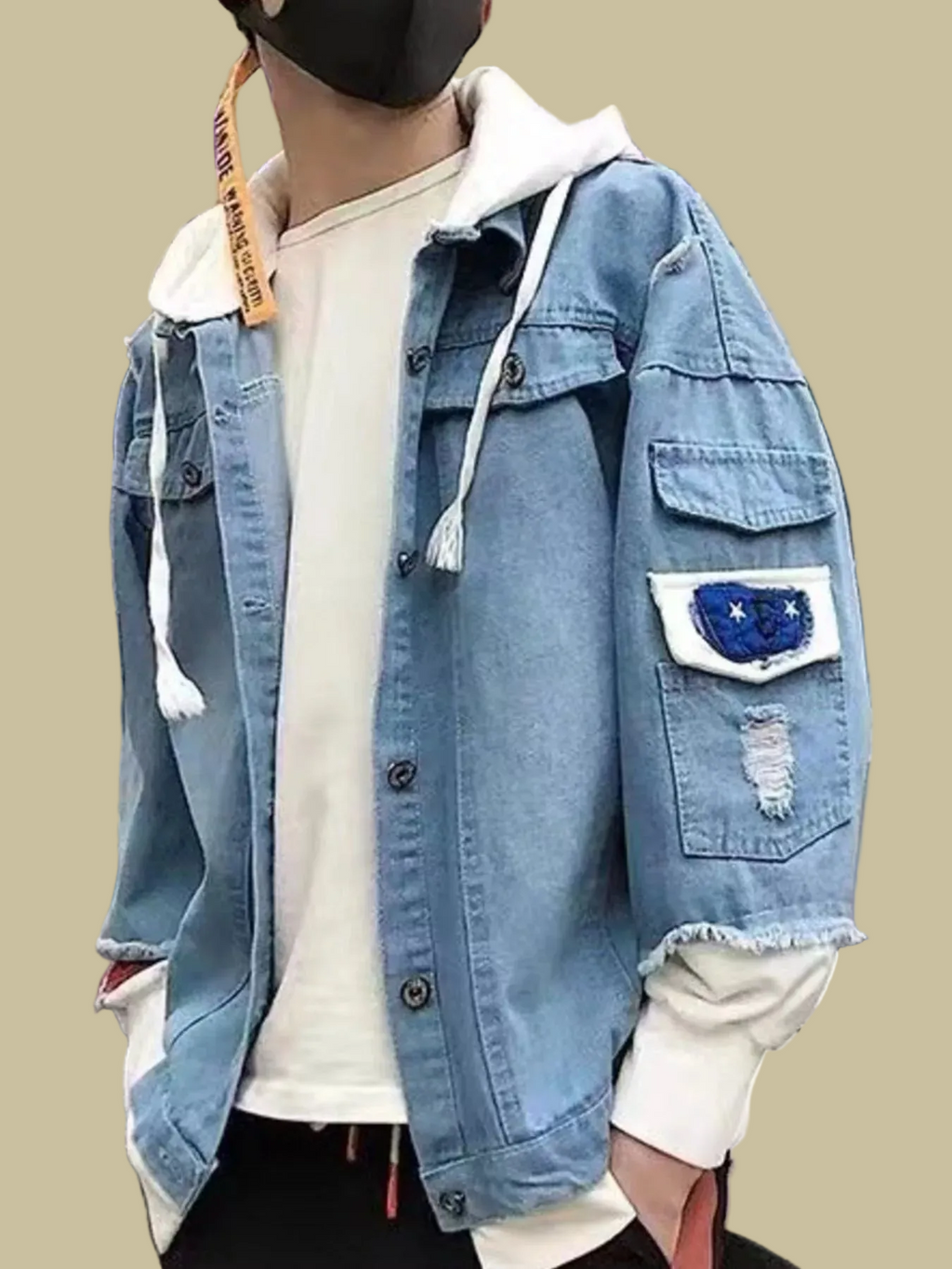 REBEL LAYERED - Distressed Patchwork Hooded Denim Jacket