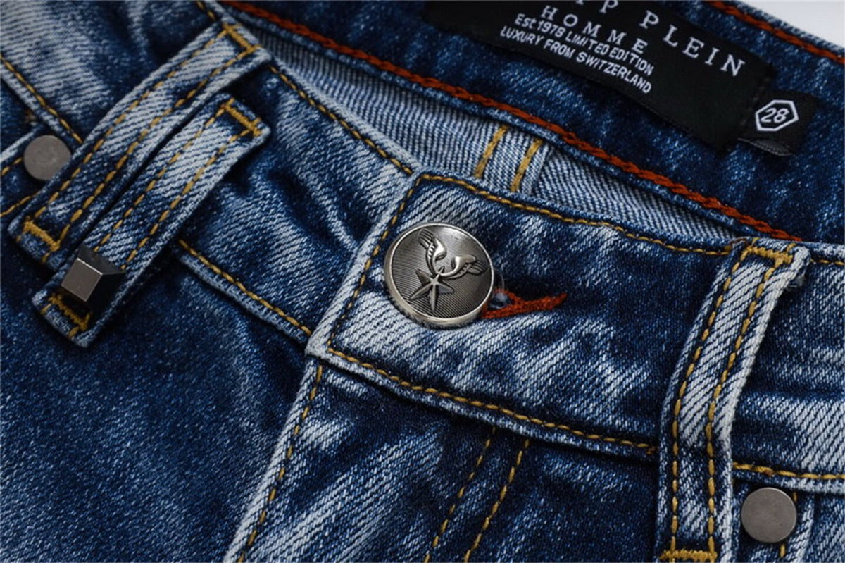 25 summer new American trendy brand PP men's gypsophila glossy rivet ripped hole patchwork slim fit trend jeans