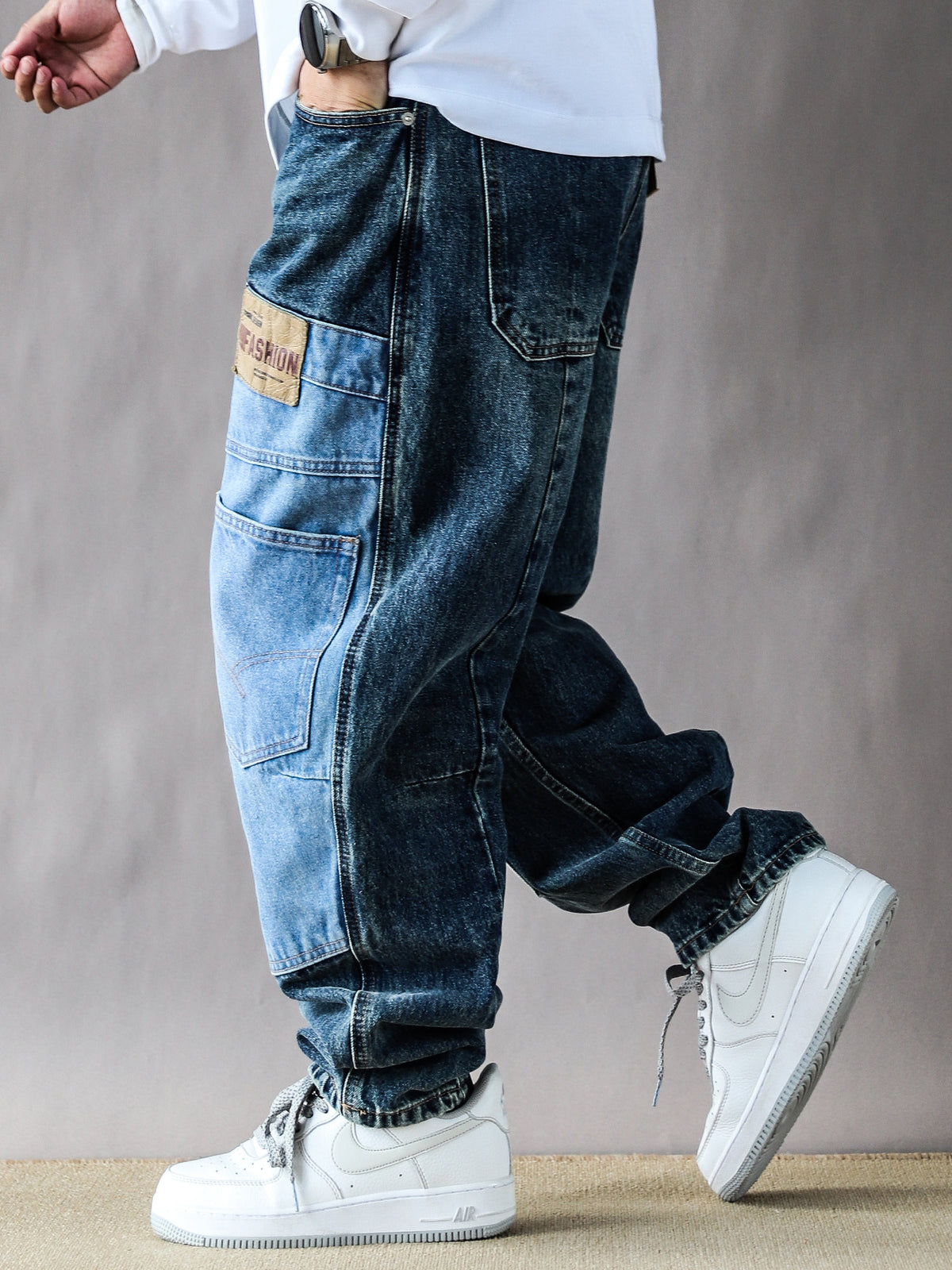 2025 American Vintage Washed Design Patch Stitching Printed Jeans Men's Loose Straight Wide-leg Pants Blue
