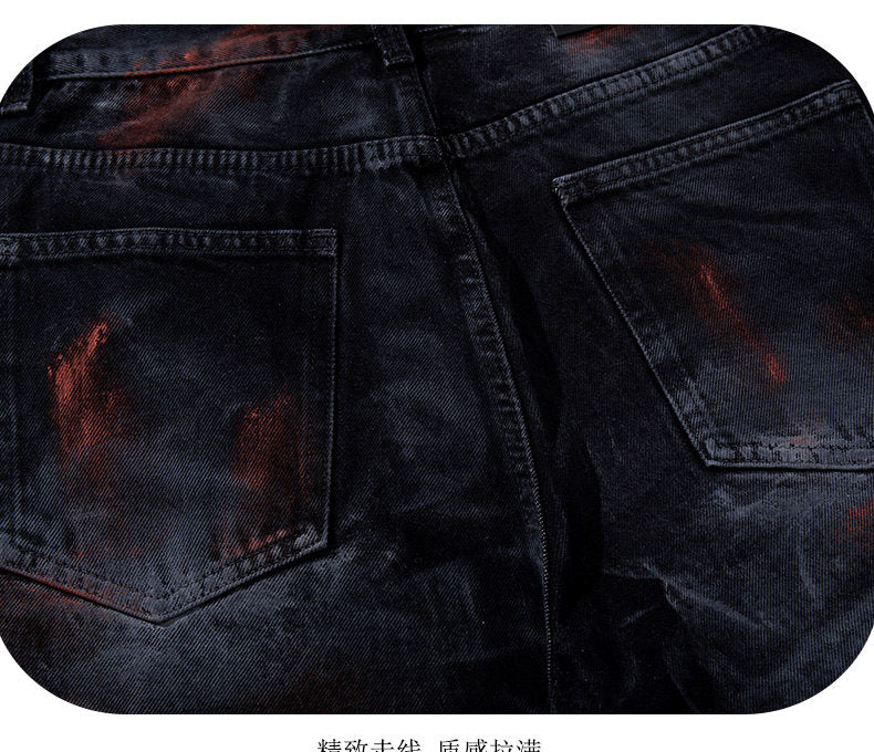 Cool style distressed patchwork trendy brand jeans for men and women, heavy craftsmanship graffiti design, straight-leg loose wide-leg pants