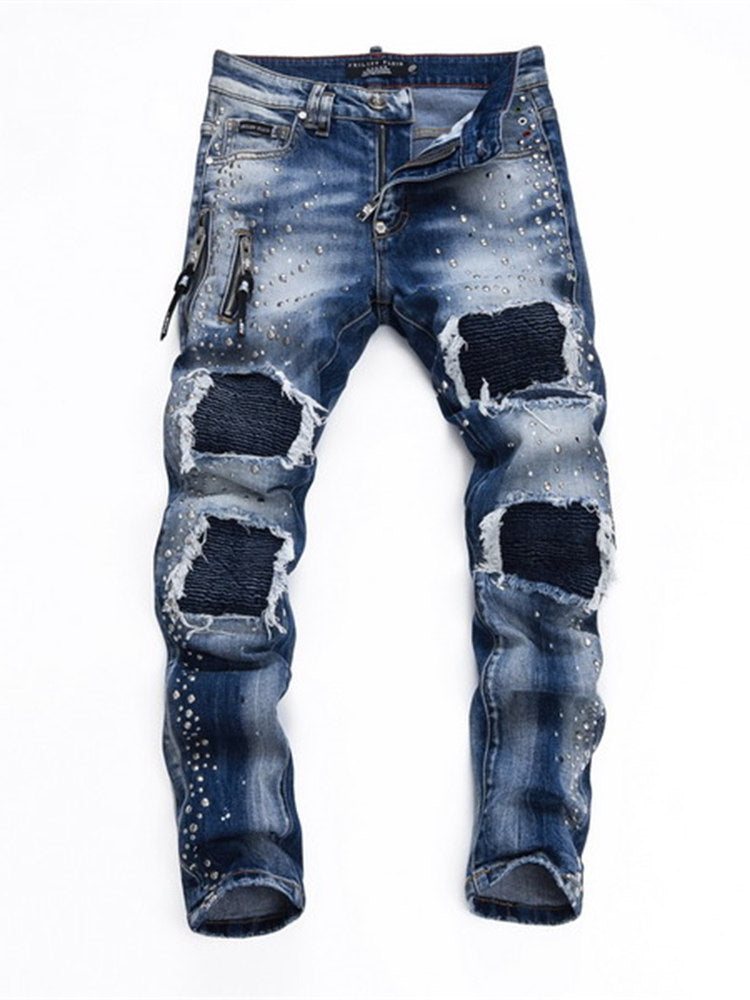 25 summer new American trendy brand PP men's gypsophila glossy rivet ripped hole patchwork slim fit trend jeans