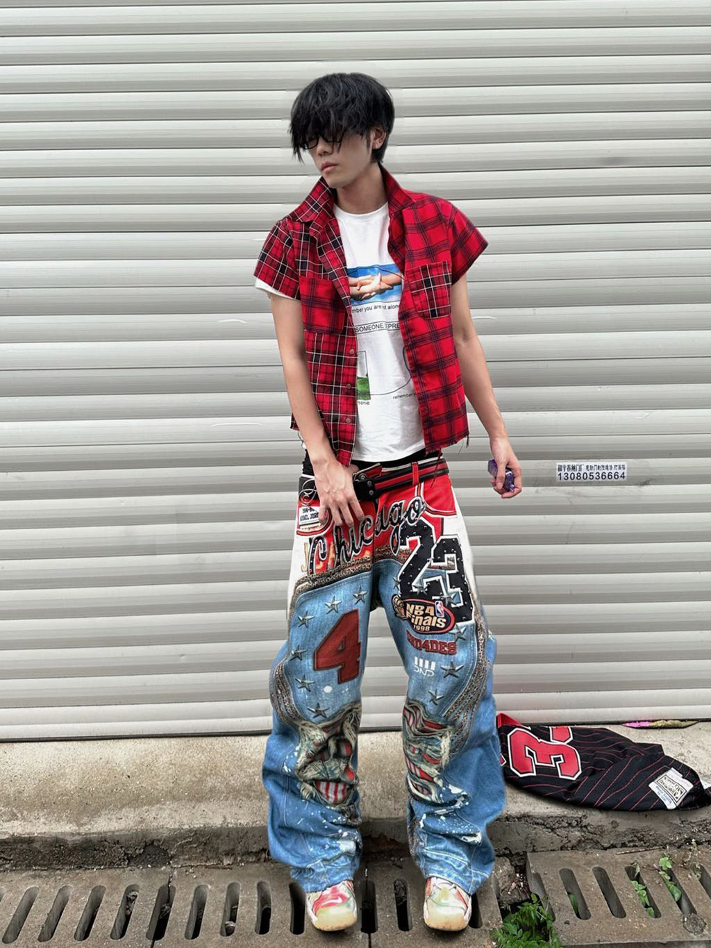 DND4DES Wang Sulong's original American 3D printed leopard print ripped straight bootcut jeans and trousers
