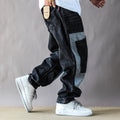 2025 American Vintage Washed Design Patch Stitching Printed Jeans Men's Loose Straight Wide-leg Pants Blue