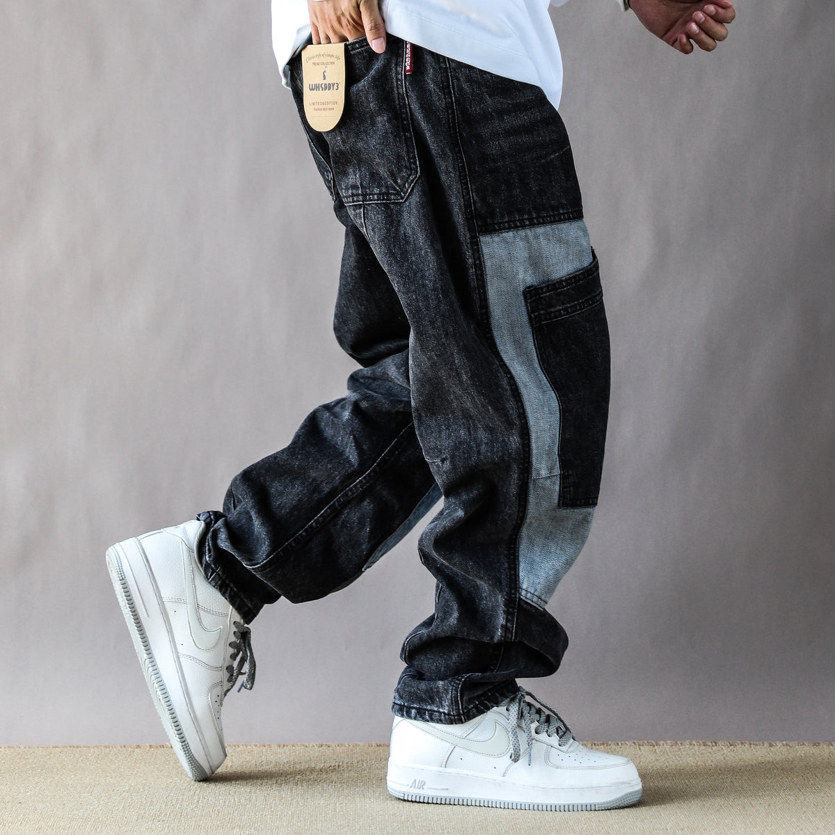 2025 American Vintage Washed Design Patch Stitching Printed Jeans Men's Loose Straight Wide-leg Pants Blue