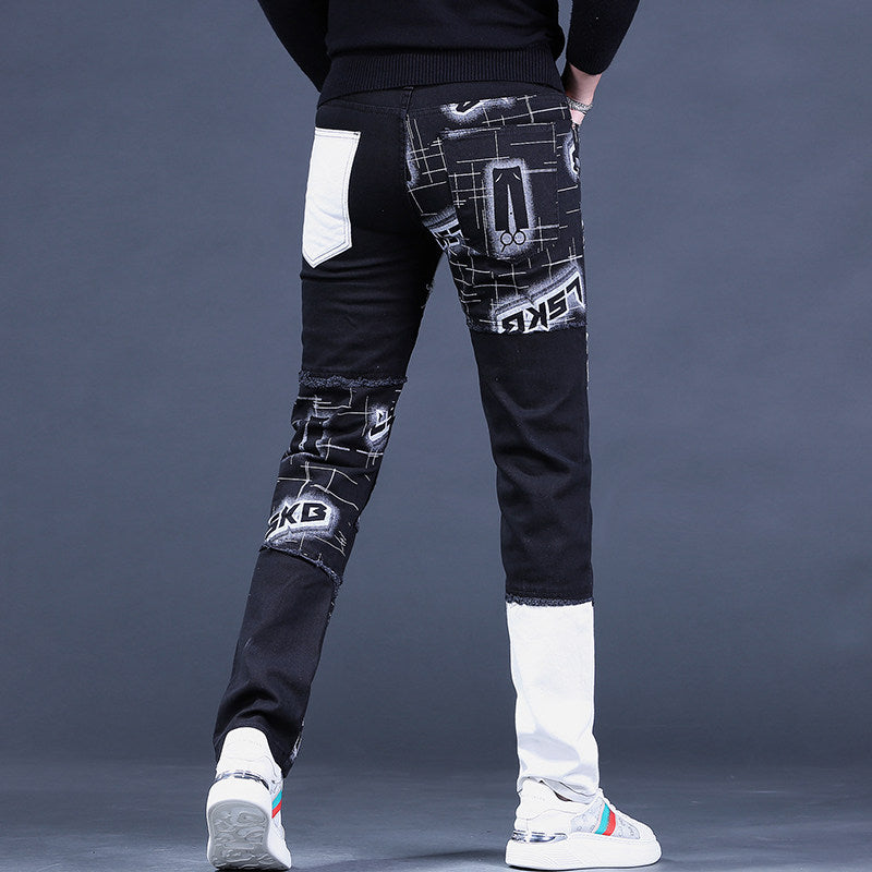 2025 Autumn New Jeans Men's Loose Straight Korean Trend European and American Trendy Brand Splicing Patch Pants for Men