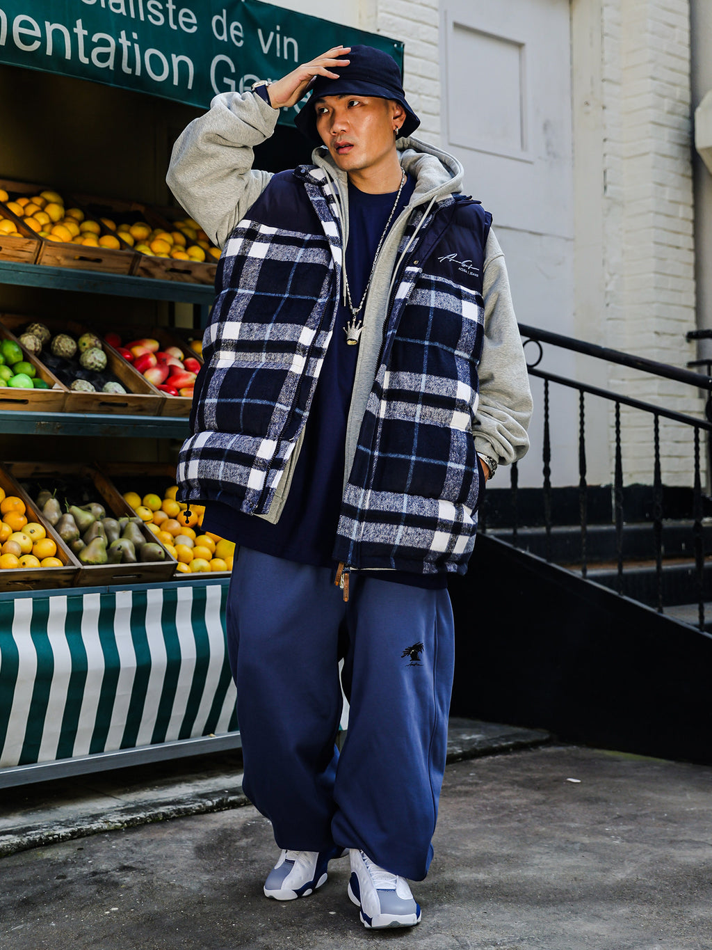 ACUSA retro hip-hop street woolen plaid color-block thickened padded heavy windproof and cold-proof vest for autumn and winter men