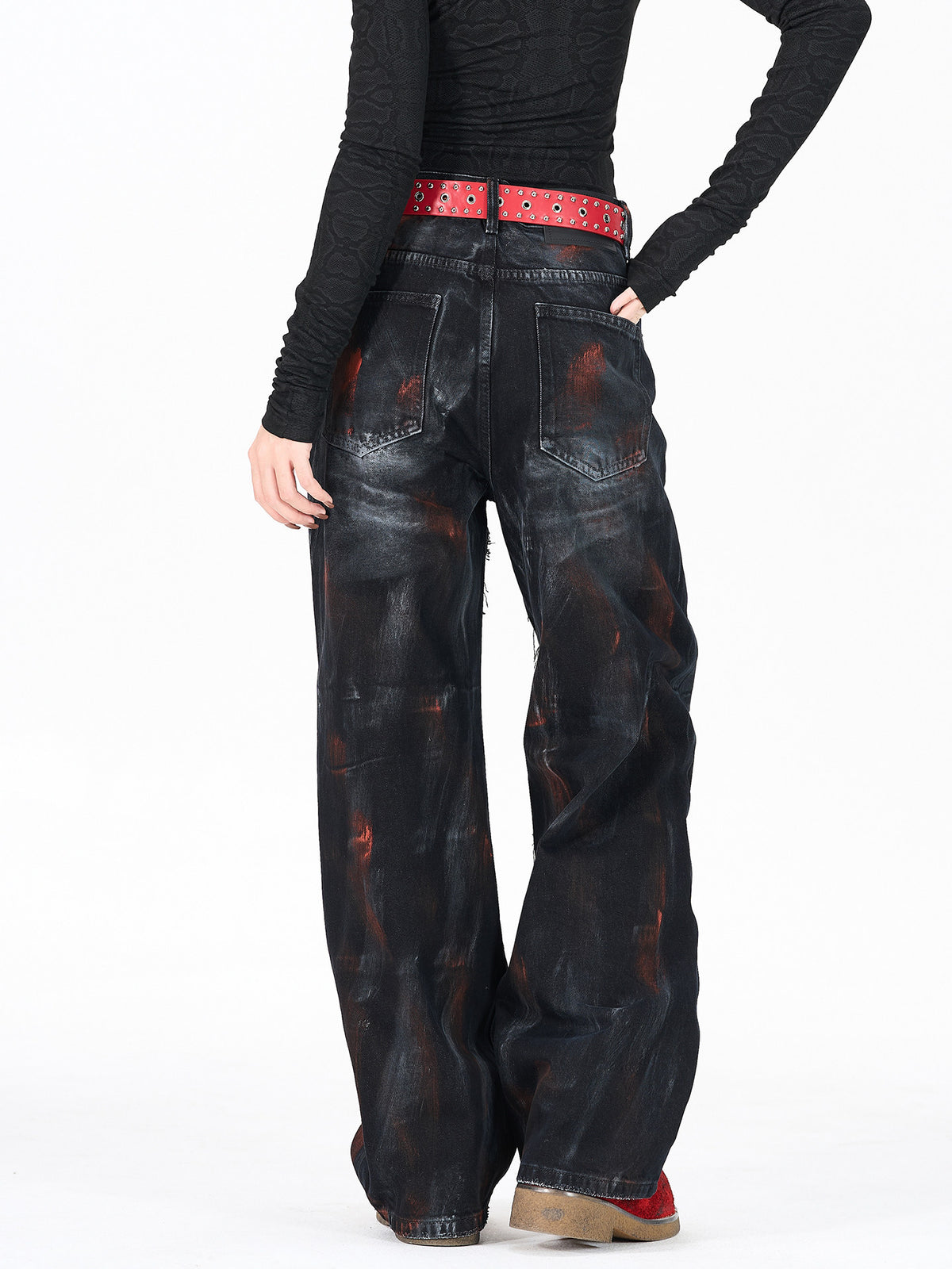 Cool style distressed patchwork trendy brand jeans for men and women, heavy craftsmanship graffiti design, straight-leg loose wide-leg pants