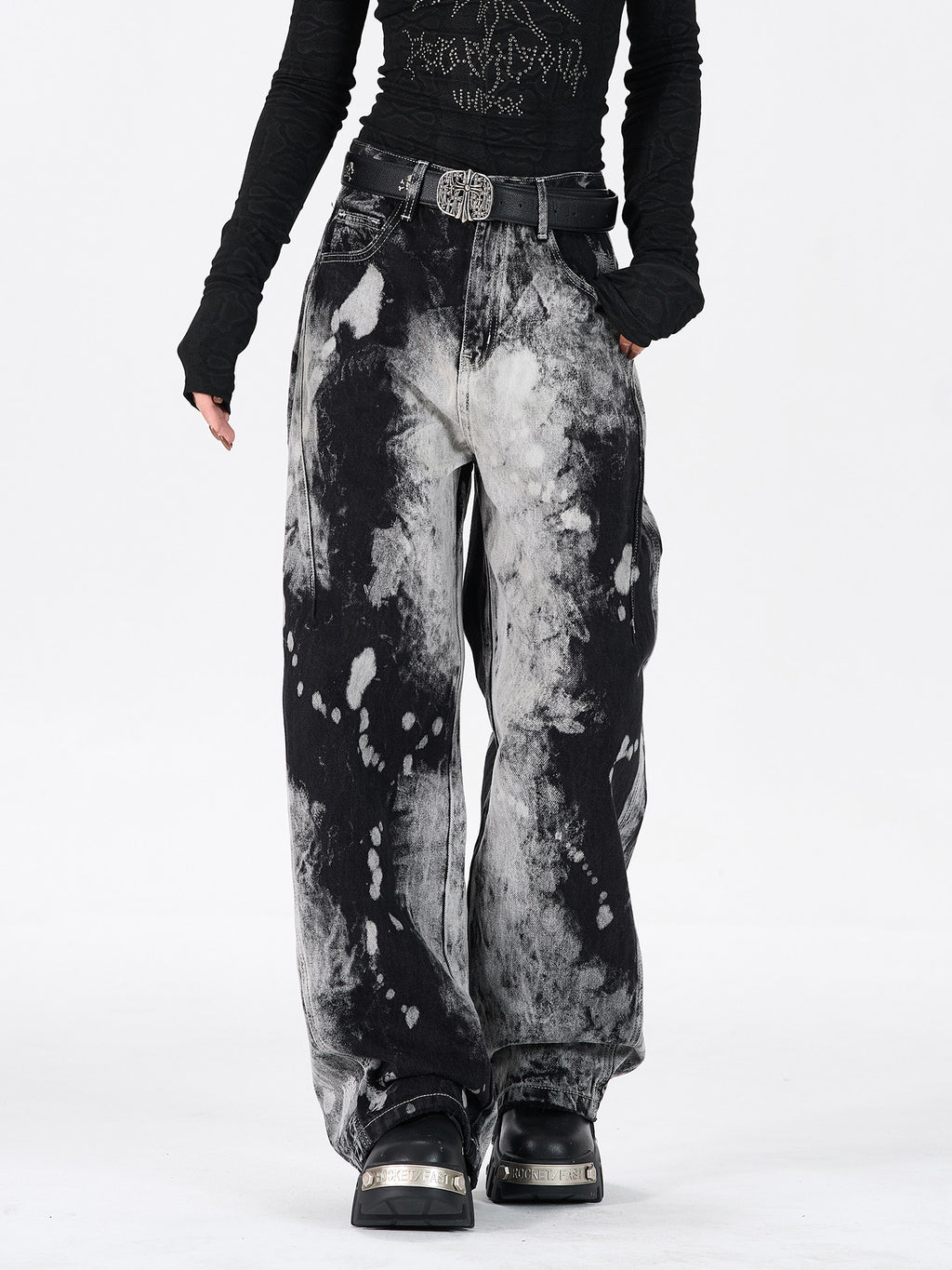 American hip-hop tie-dye gradient straight-leg trendy jeans for men and women, distressed niche high-street wide-leg pants