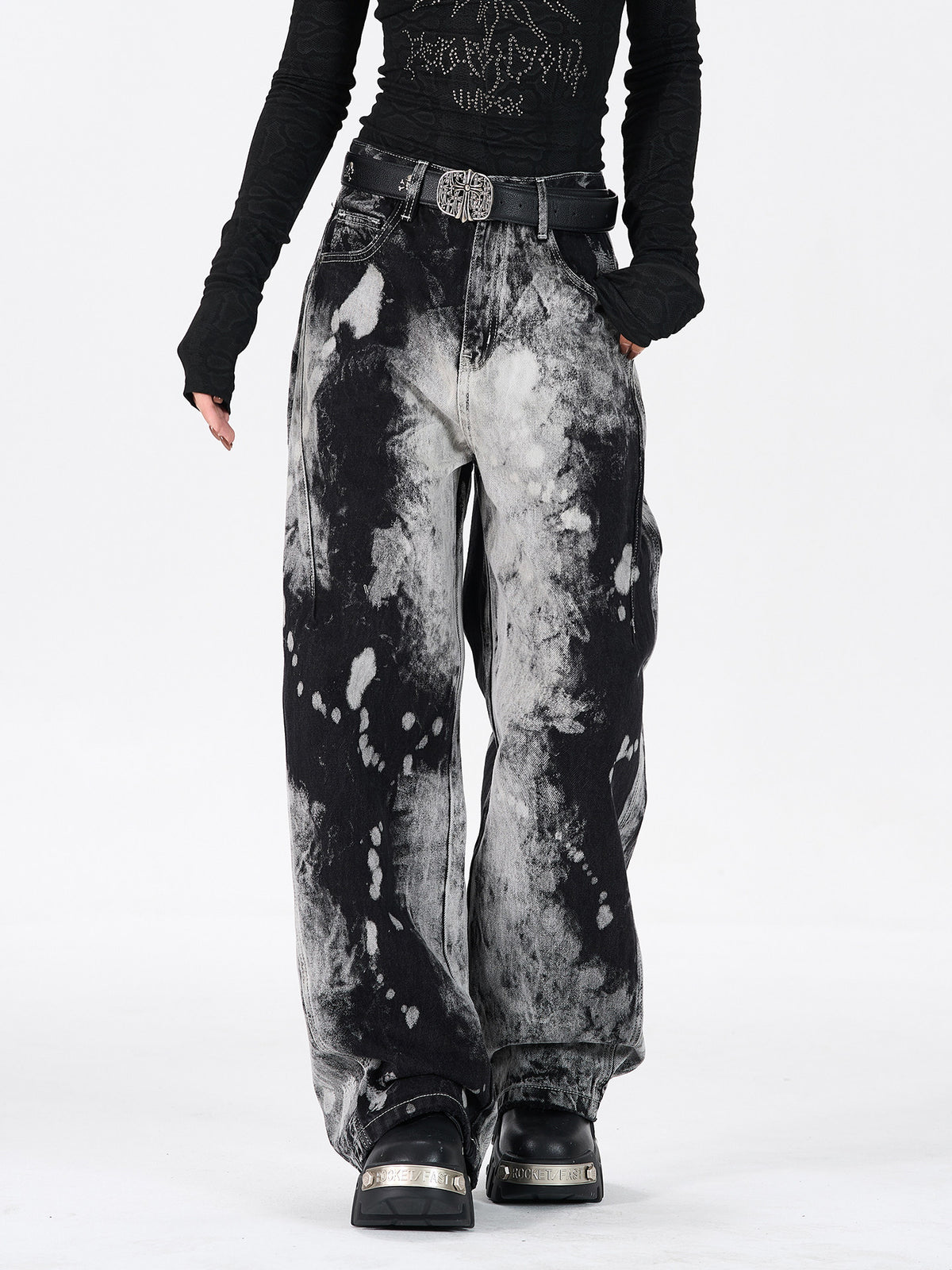 American hip-hop tie-dye gradient straight-leg trendy jeans for men and women, distressed niche high-street wide-leg pants