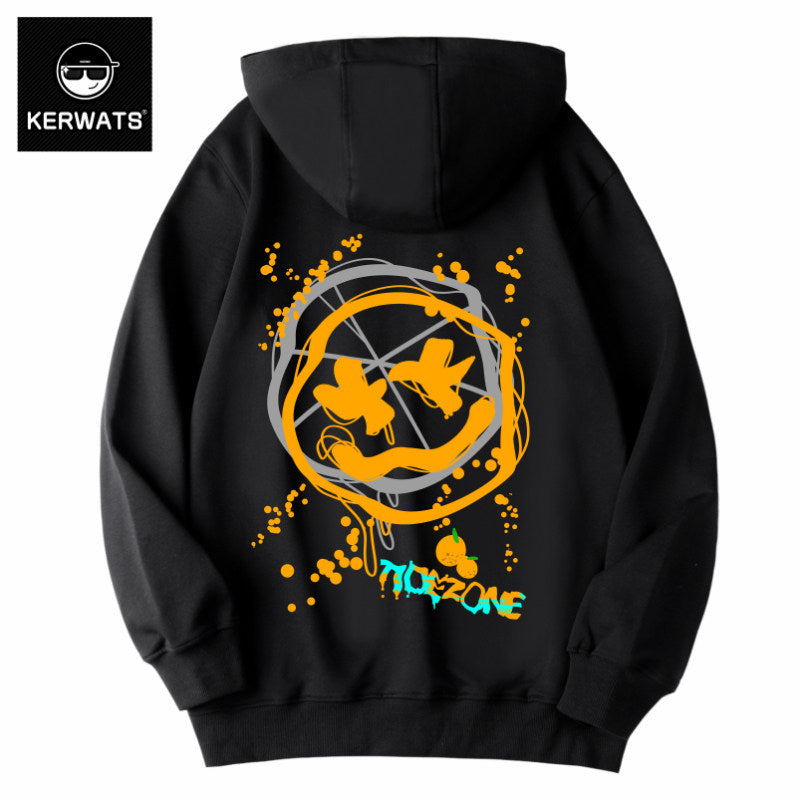KERWATS Plus Size Trendy Japanese Smiley Face Graphic Print Knit Sweater Fat Plus Plus Couple Hooded Sweatshirt Men
