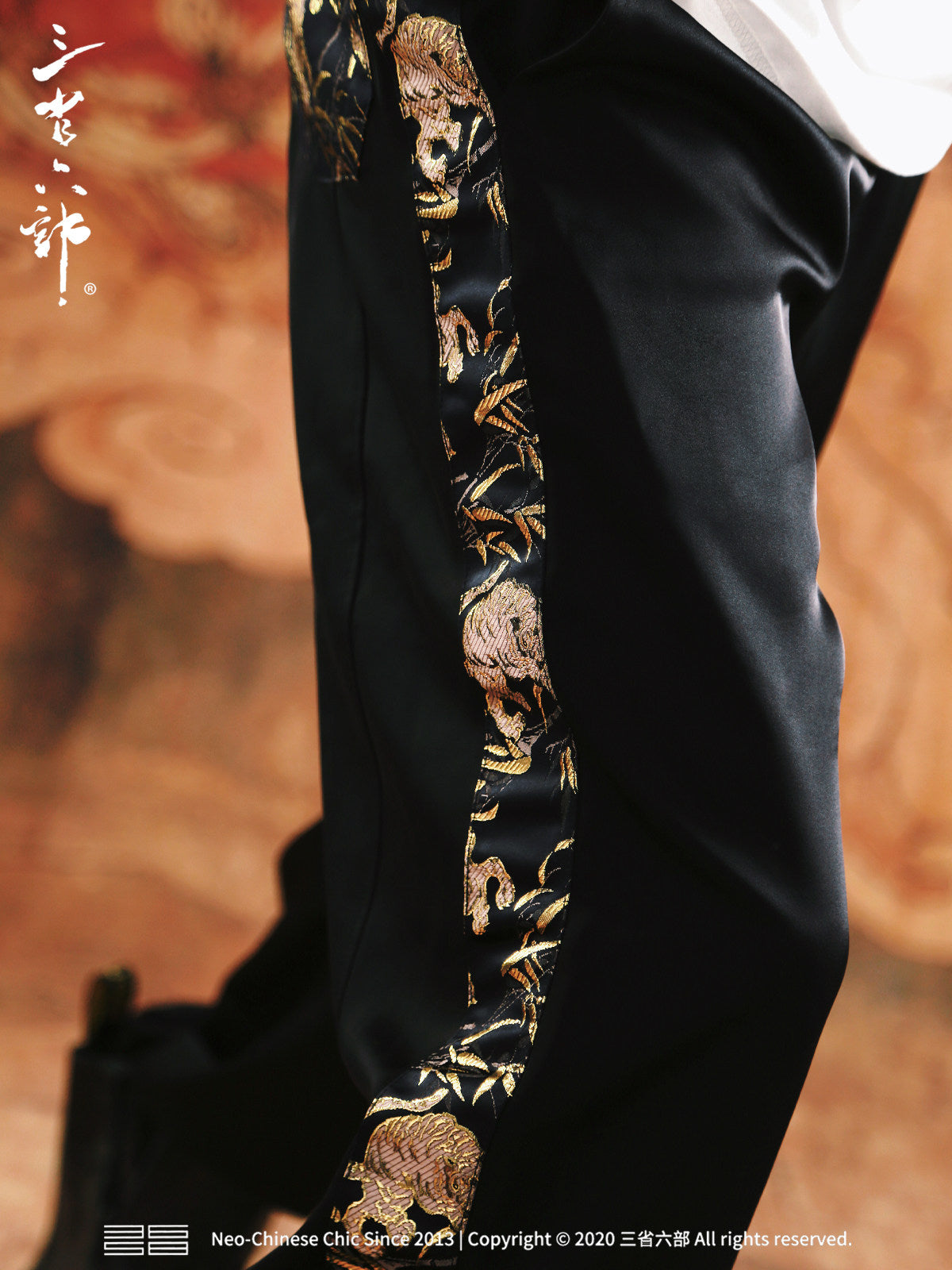 Three provinces and six departments, golden tiger nafu, ice black gold webbing Nishijin woven men's national style crunch trousers