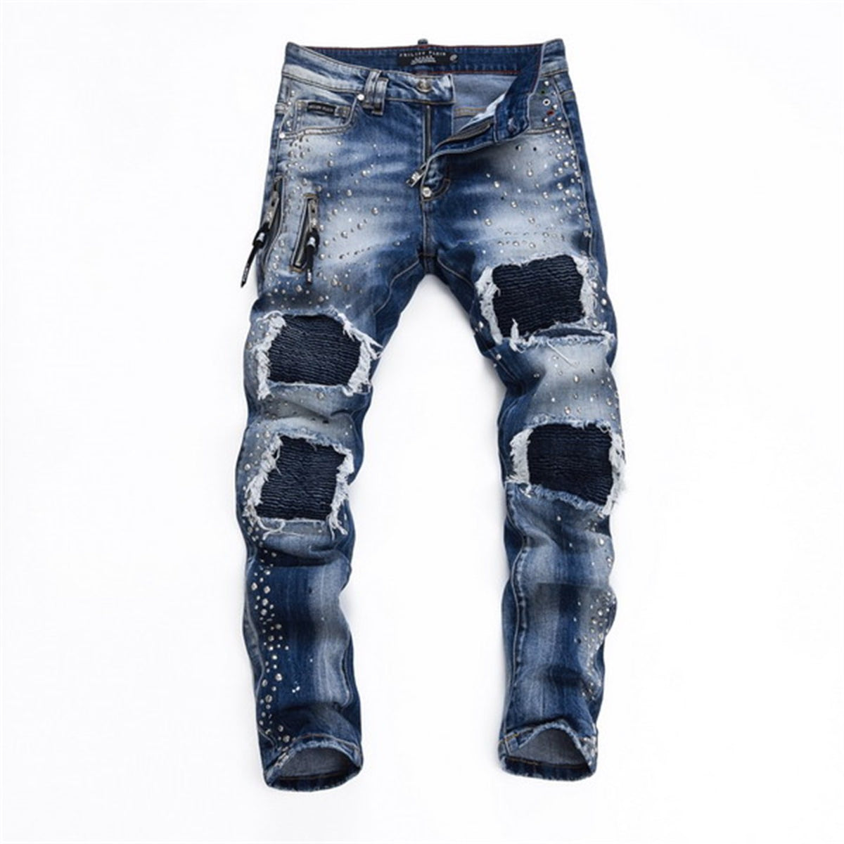 25 summer new American trendy brand PP men's gypsophila glossy rivet ripped hole patchwork slim fit trend jeans