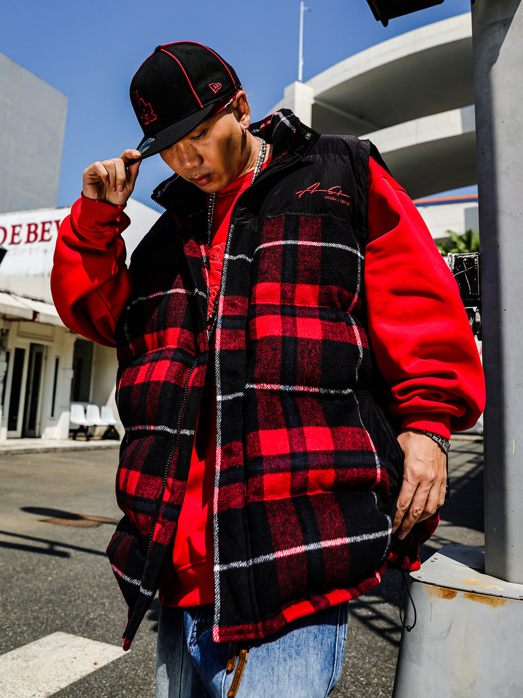 ACUSA retro hip-hop street woolen plaid color-block thickened padded heavy windproof and cold-proof vest for autumn and winter men