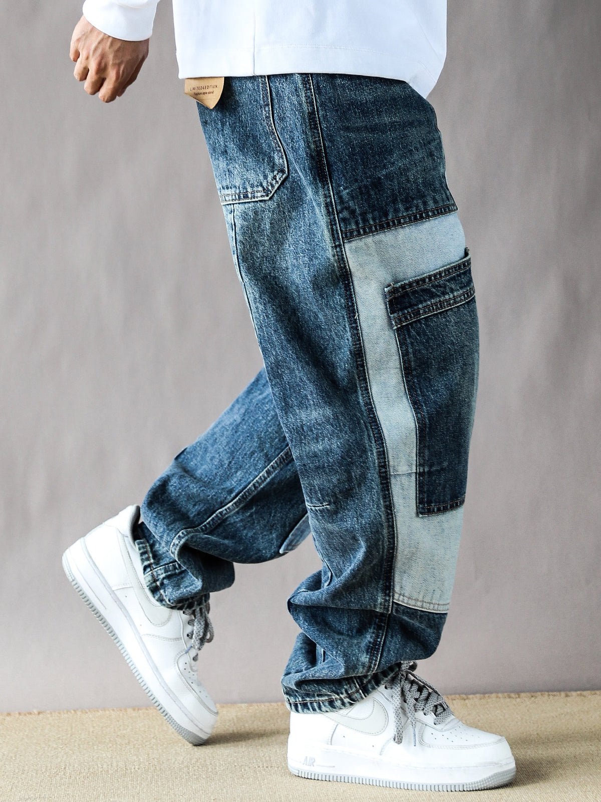 2025 American Vintage Washed Design Patch Stitching Printed Jeans Men's Loose Straight Wide-leg Pants Blue