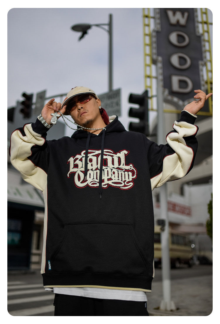 BLACUL Flower Body Word Color Block Fleece Sweatshirt Men's Loose Fat American Street Hip Hop Hoodie Jacket Autumn and Winter