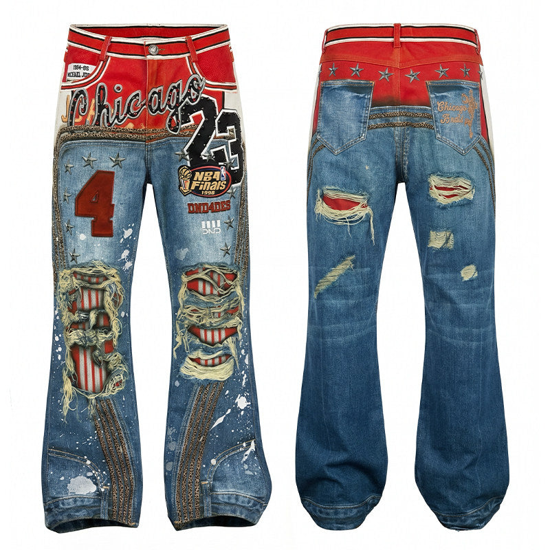 DND4DES Wang Sulong's original American 3D printed leopard print ripped straight bootcut jeans and trousers