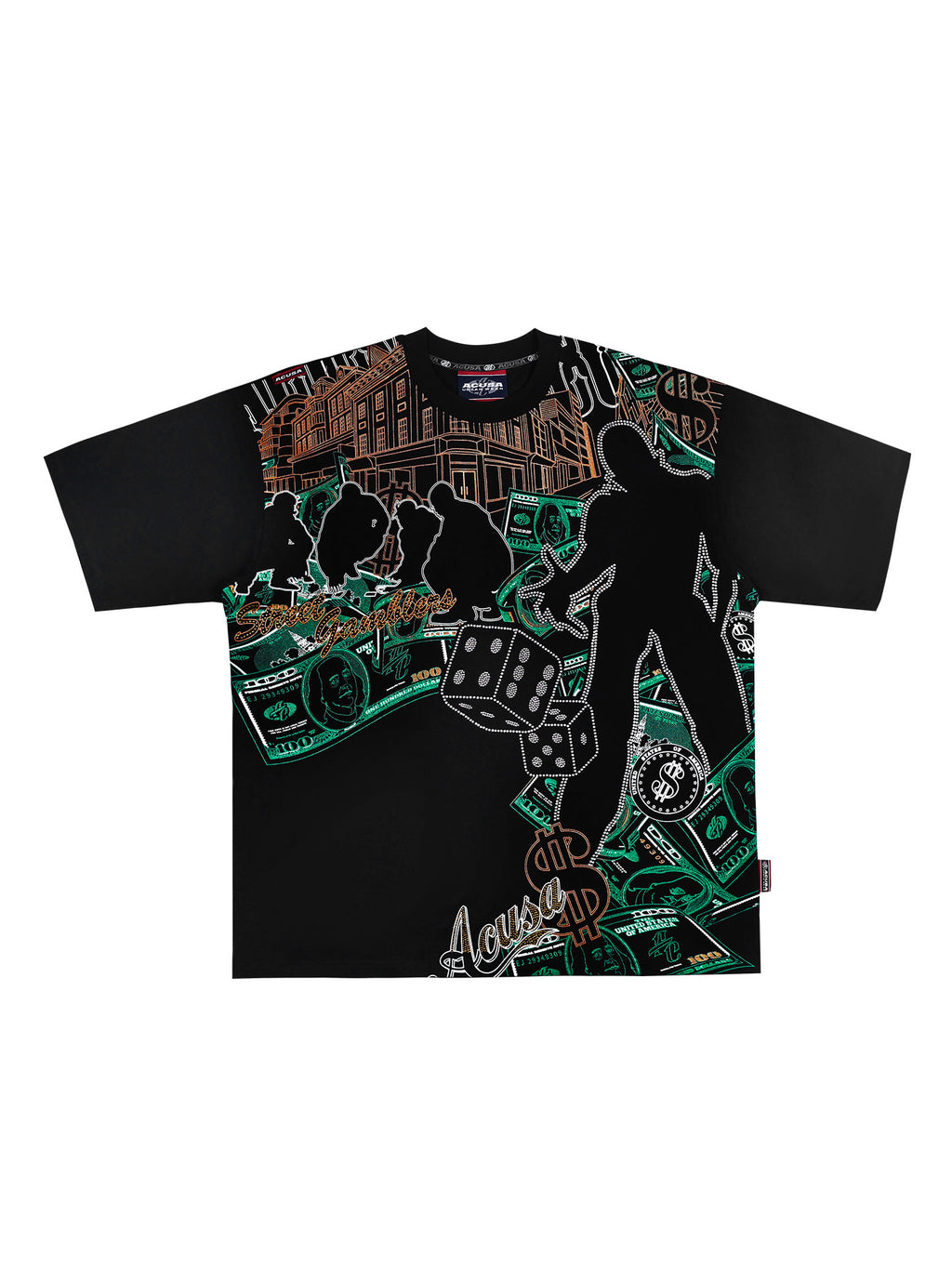 ACUSA American 456 Street Dice Game Super Large Hot Diamond Glitter Craft Dropped Shoulders Loose Short Sleeve T-Shirt Summer