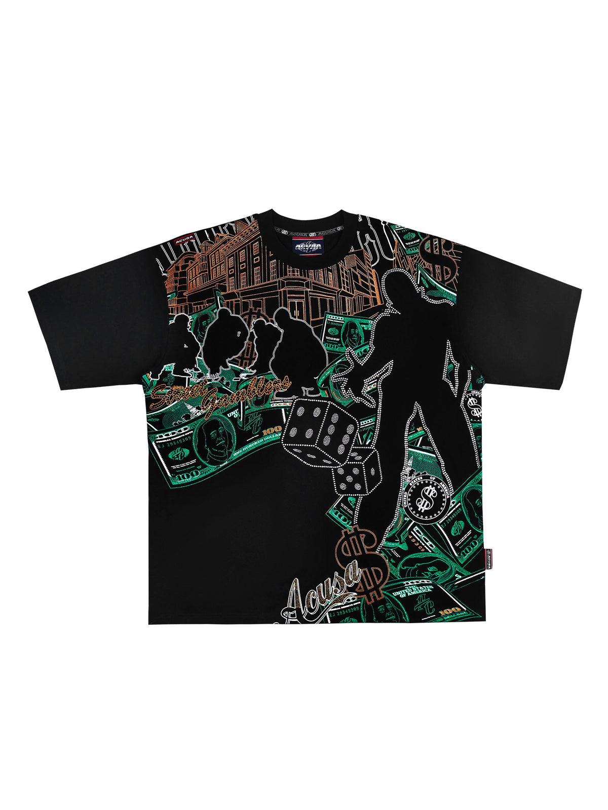 ACUSA American 456 Street Dice Game Super Large Hot Diamond Glitter Craft Dropped Shoulders Loose Short Sleeve T-Shirt Summer