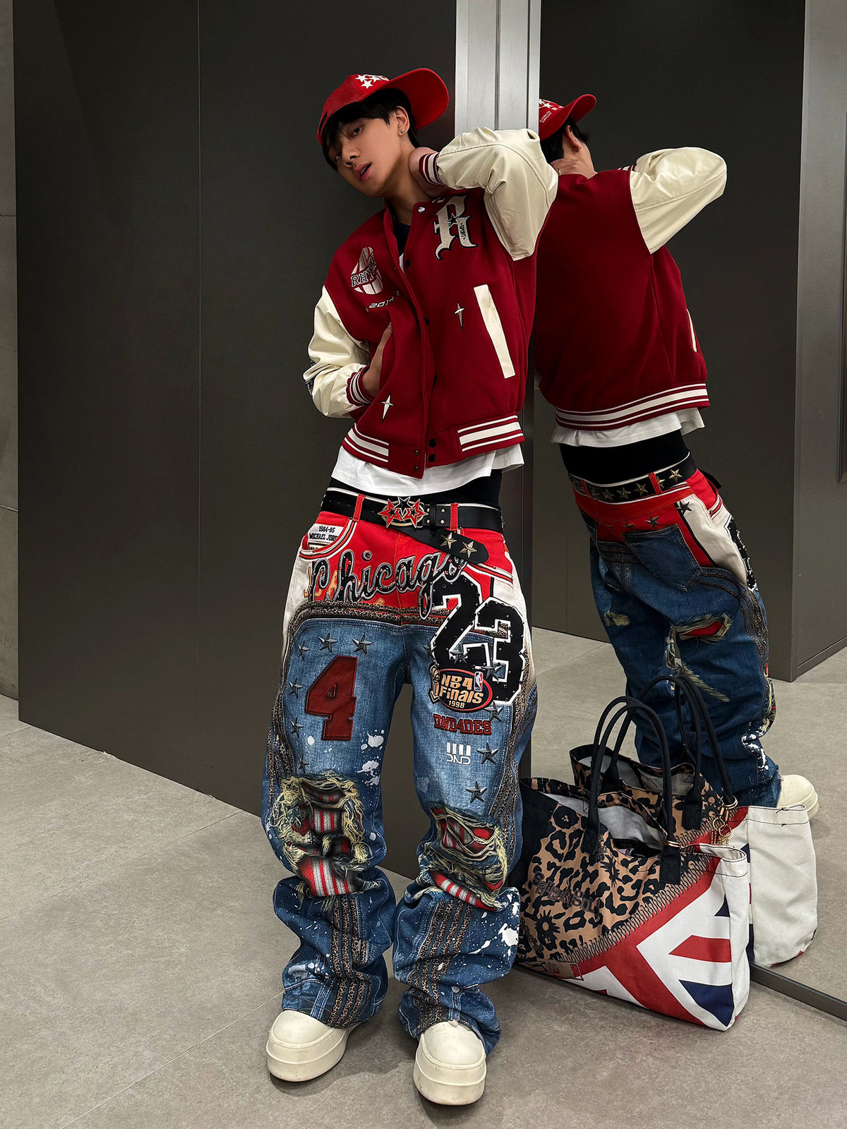 DND4DES Wang Sulong's original American 3D printed leopard print ripped straight bootcut jeans and trousers