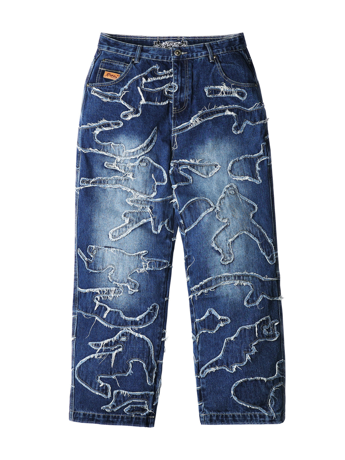 ACUSA American street ninja fighting physique form heavy work patch raw edge embroidery washed denim trousers for men