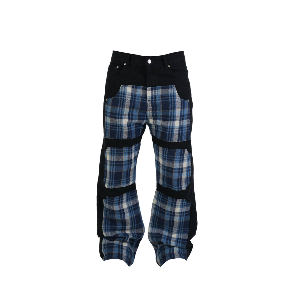 Vinkid (ladder) plaid patchwork jeans American trend niche designer national trend versatile trousers