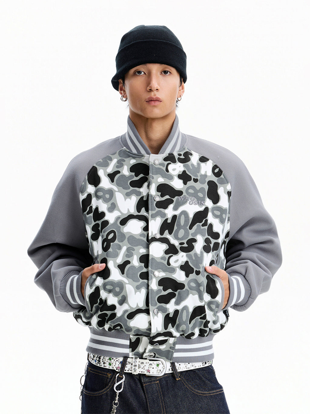 WHOOSIS (unknown name) camouflage basic logo raglan sleeve baseball jacket padded for autumn and winter men