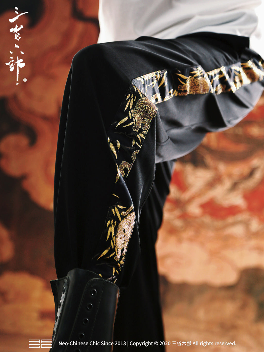Three provinces and six departments, golden tiger nafu, ice black gold webbing Nishijin woven men's national style crunch trousers