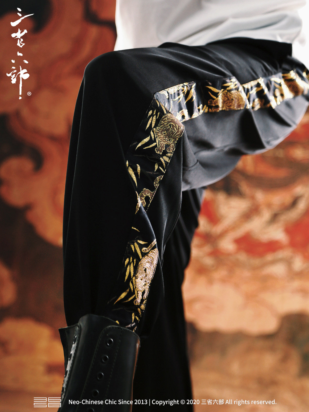 Three provinces and six departments, golden tiger nafu, ice black gold webbing Nishijin woven men's national style crunch trousers
