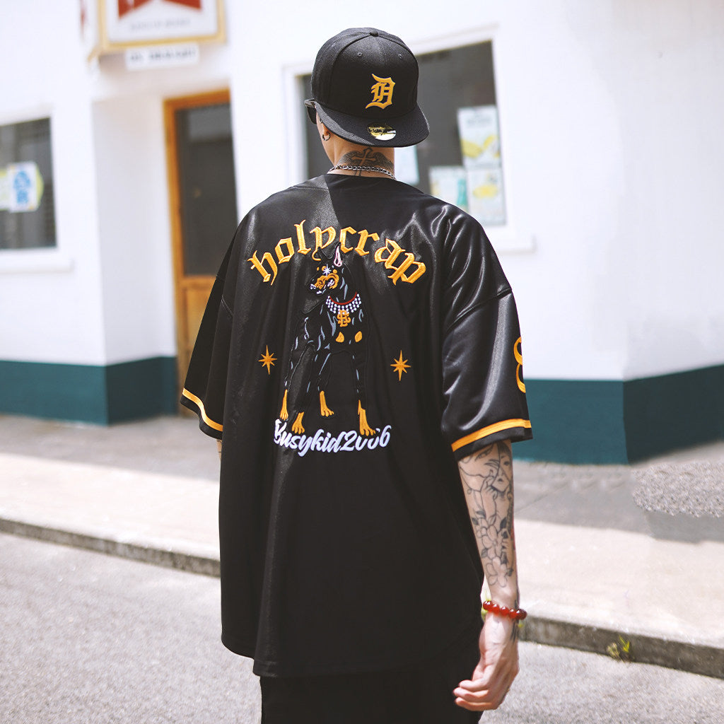 Holycrap Hip Hop Cardigan Jersey Short Sleeve Doberman Pinscher Embroidered Mercerized Baseball Half Sleeve Hip Hop West Coast T-Shirt