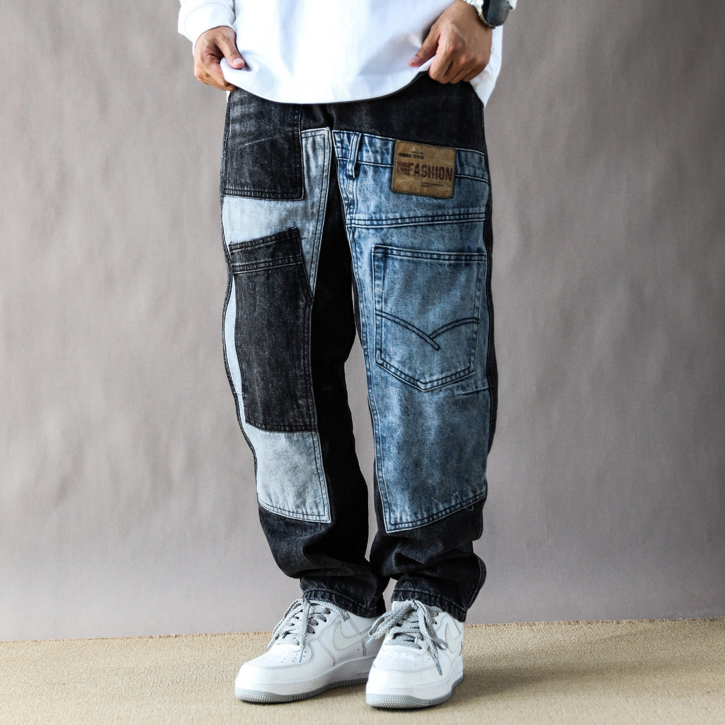 2025 American Vintage Washed Design Patch Stitching Printed Jeans Men's Loose Straight Wide-leg Pants Blue