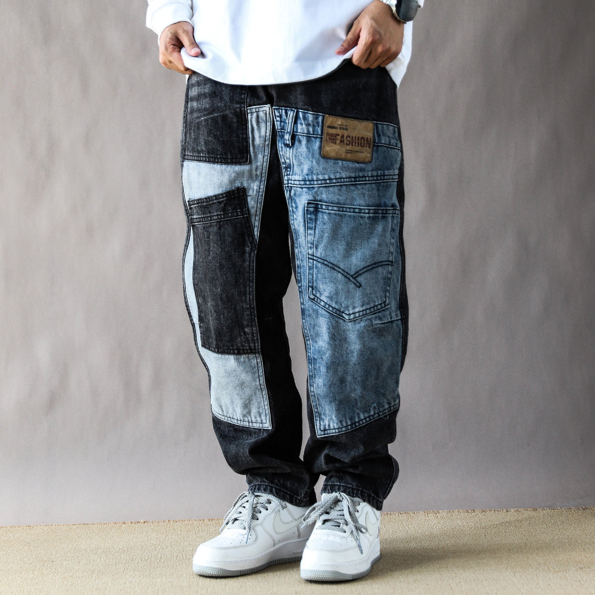 2025 American Vintage Washed Design Patch Stitching Printed Jeans Men's Loose Straight Wide-leg Pants Blue