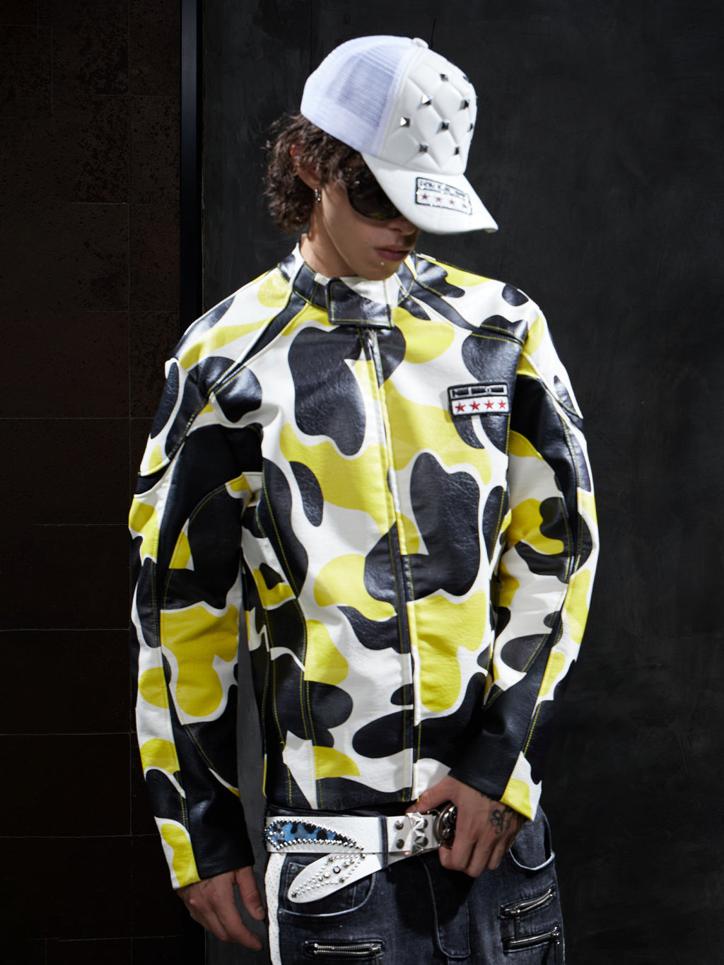 DND4DES Original Camouflage Star Print Jacket for Men, Street Hip-Hop Biker Crew Neck Zip-Up Jacket, Leather Jacket