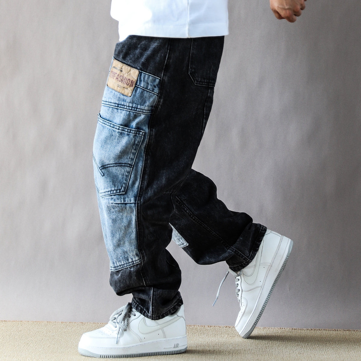 2025 American Vintage Washed Design Patch Stitching Printed Jeans Men's Loose Straight Wide-leg Pants Blue