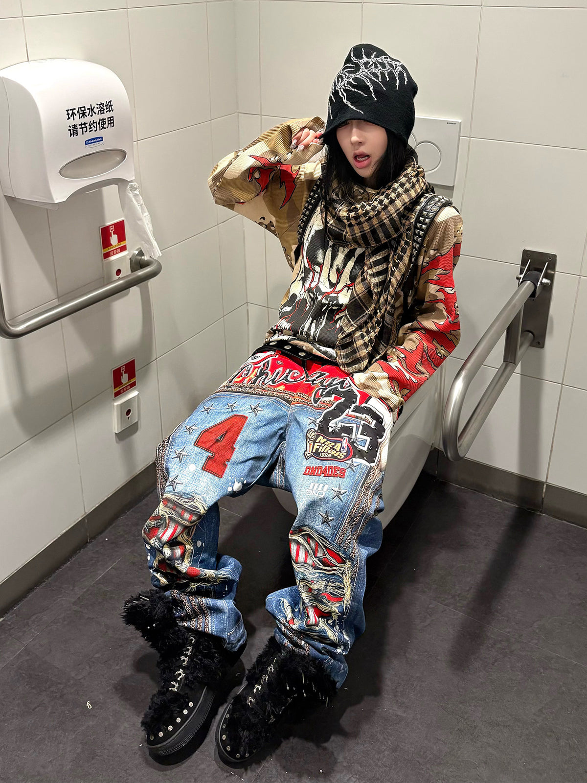 DND4DES Wang Sulong's original American 3D printed leopard print ripped straight bootcut jeans and trousers