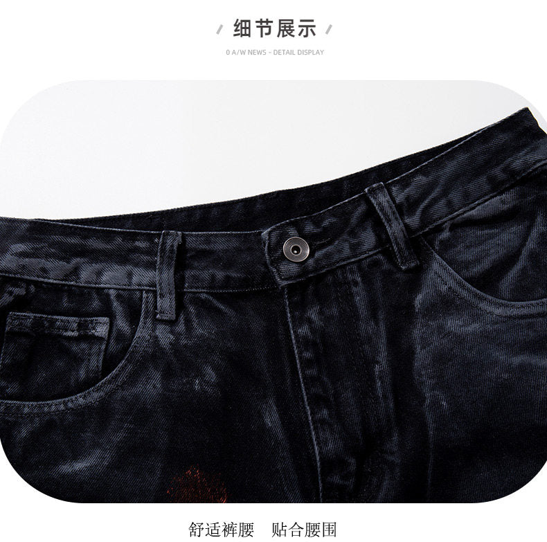 Cool style distressed patchwork trendy brand jeans for men and women, heavy craftsmanship graffiti design, straight-leg loose wide-leg pants