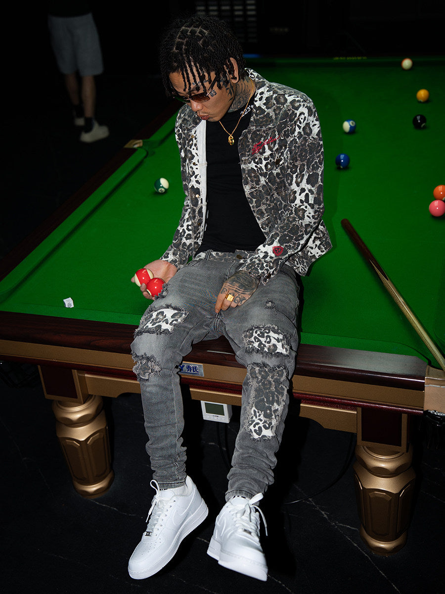 TGFCLUB AMERICAN STREET HIP HOP RAPPER BASIC PATCH LEOPARD PRINT SLIM FIT WASH JEANS