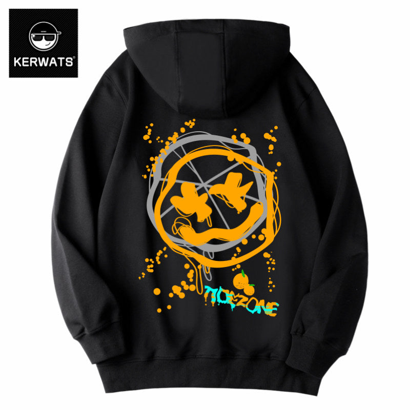 KERWATS Plus Size Trendy Japanese Smiley Face Graphic Print Knit Sweater Fat Plus Plus Couple Hooded Sweatshirt Men