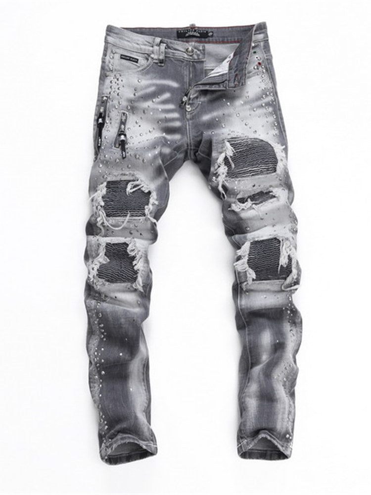 25 summer new American trendy brand PP men's gypsophila glossy rivet ripped hole patchwork slim fit trend jeans