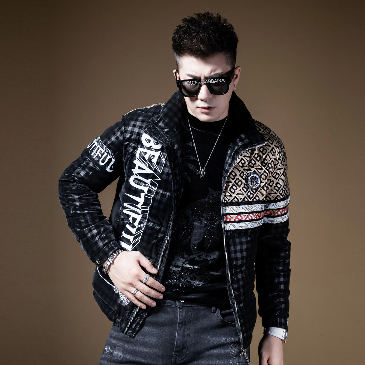 ZOUK European Winter Clothes European Trendy Brand Down Jacket Men's 2023 New Alphabet Print Color-Blocked Thickened Jacket
