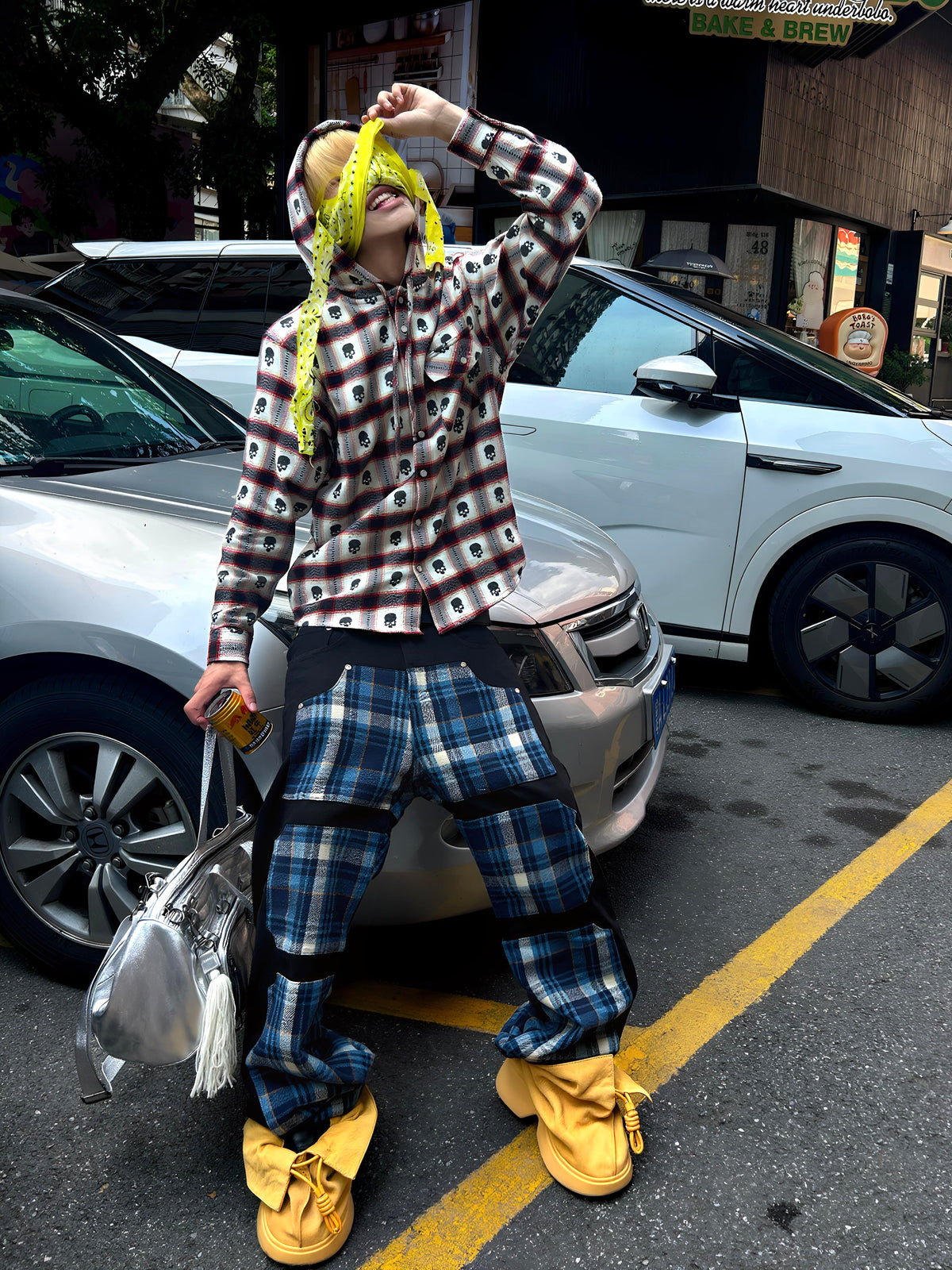 Vinkid (ladder) plaid patchwork jeans American trend niche designer national trend versatile trousers