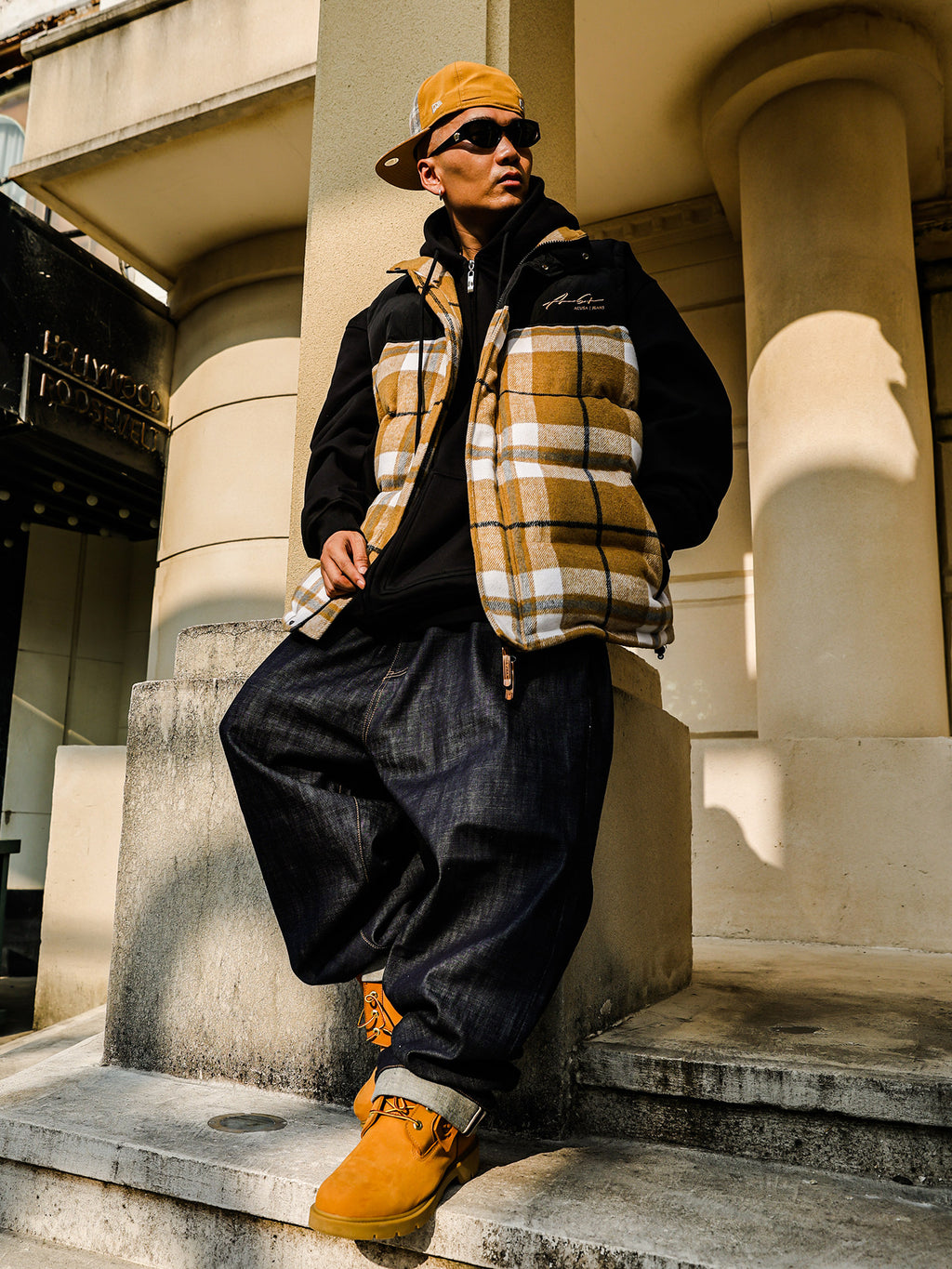 ACUSA retro hip-hop street woolen plaid color-block thickened padded heavy windproof and cold-proof vest for autumn and winter men