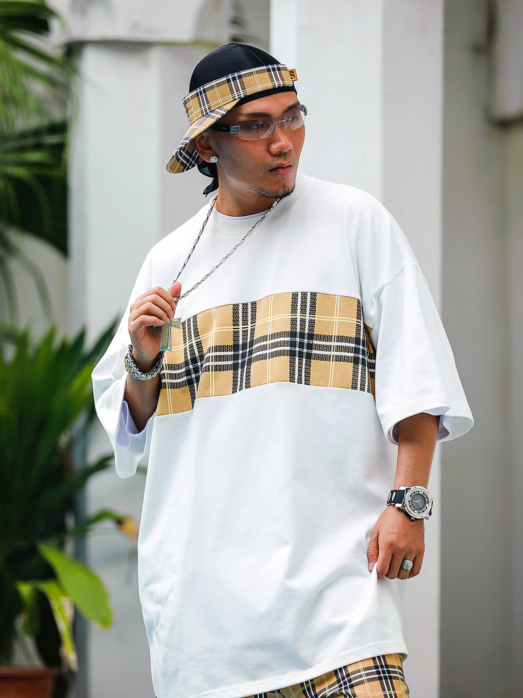 Acusa American Street Hip Hop Patchwork Checkered Small Neckline Short Sleeve