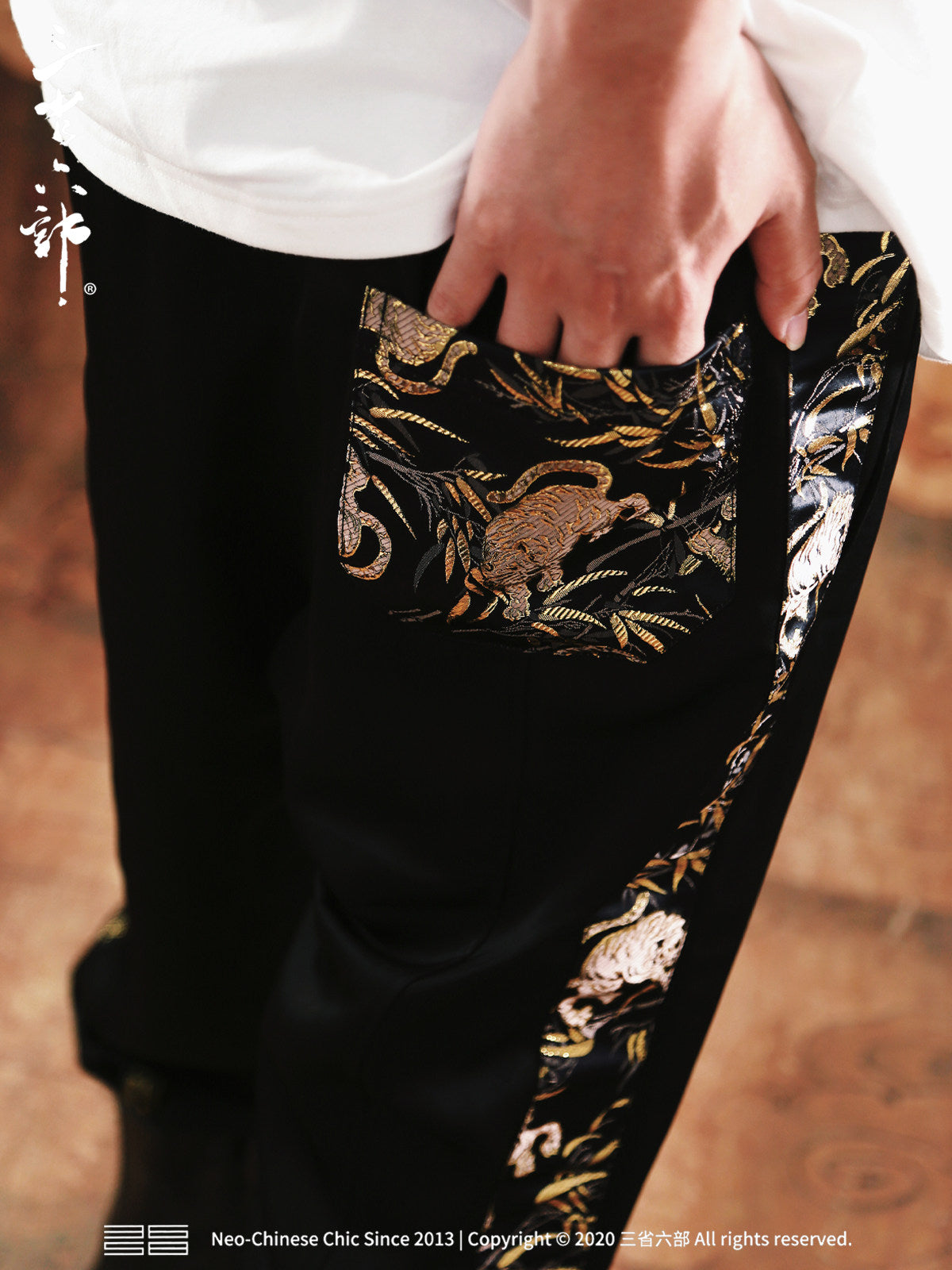 Three provinces and six departments, golden tiger nafu, ice black gold webbing Nishijin woven men's national style crunch trousers