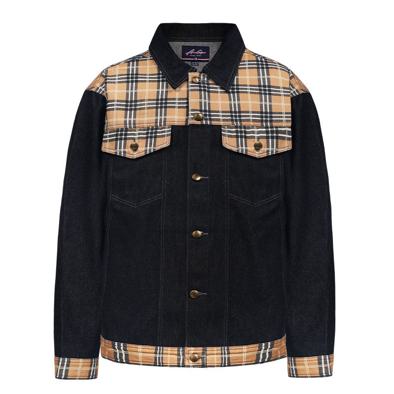 Acusa American Streetwear Vintage Plaid Stitching Hard Material Black Denim Jacket Hip Hop Fall Winter Jacket Men
