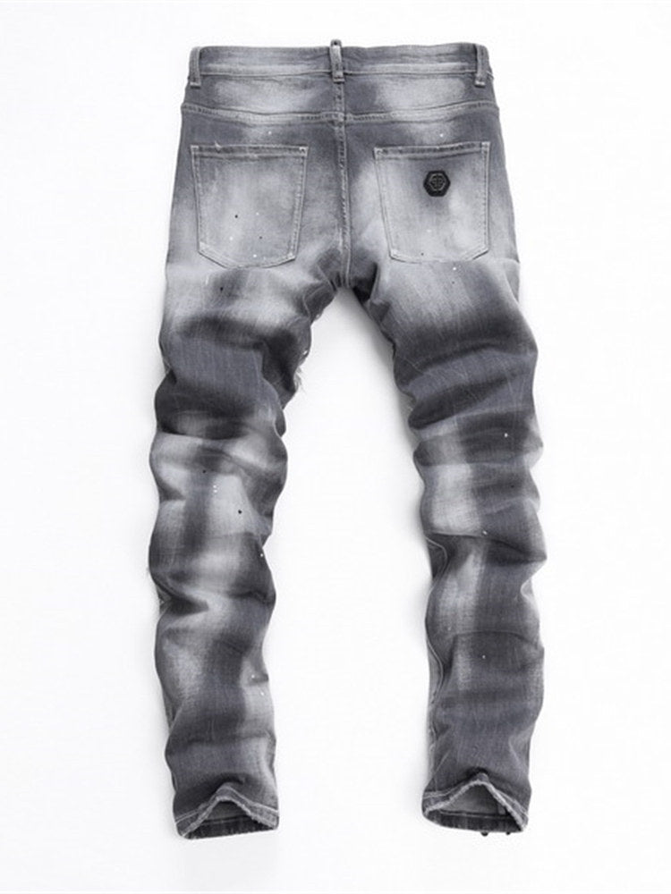 25 summer new American trendy brand PP men's gypsophila glossy rivet ripped hole patchwork slim fit trend jeans