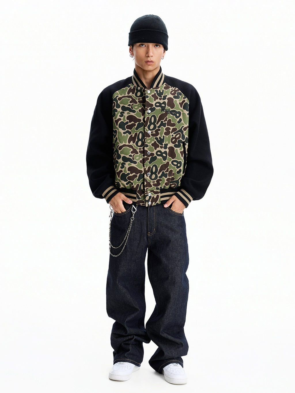WHOOSIS (unknown name) camouflage basic logo raglan sleeve baseball jacket padded for autumn and winter men