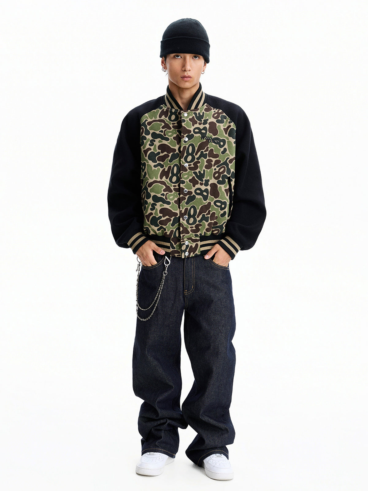 WHOOSIS (unknown name) camouflage basic logo raglan sleeve baseball jacket padded for autumn and winter men