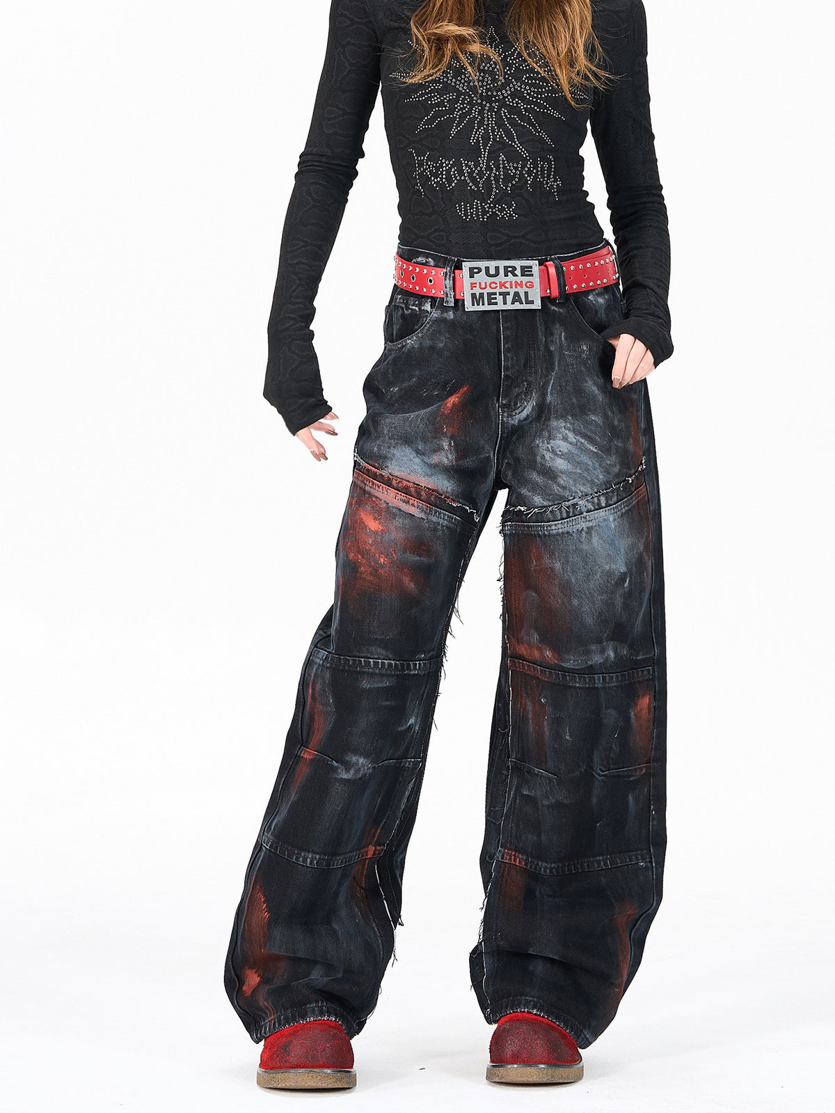 Cool style distressed patchwork trendy brand jeans for men and women, heavy craftsmanship graffiti design, straight-leg loose wide-leg pants