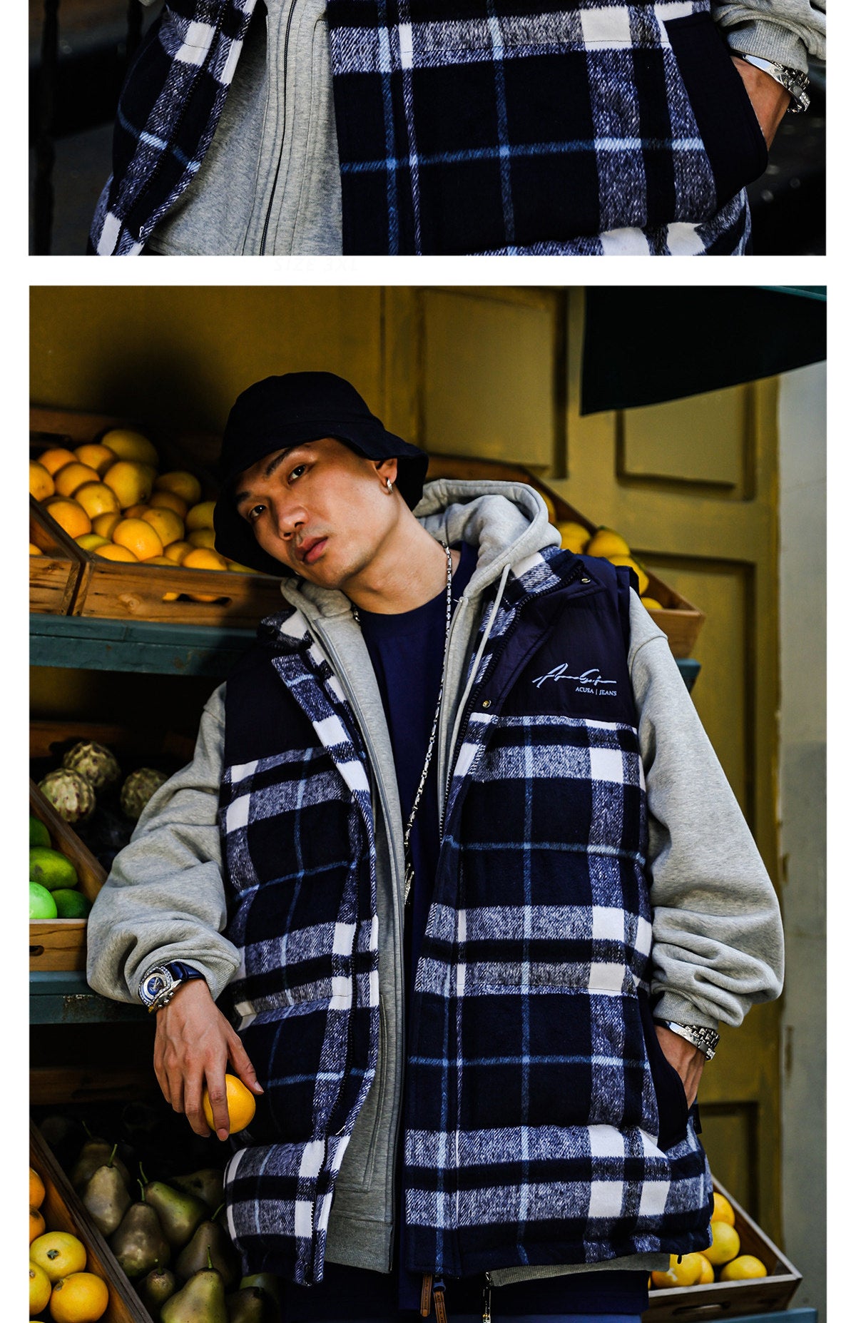 ACUSA retro hip-hop street woolen plaid color-block thickened padded heavy windproof and cold-proof vest for autumn and winter men