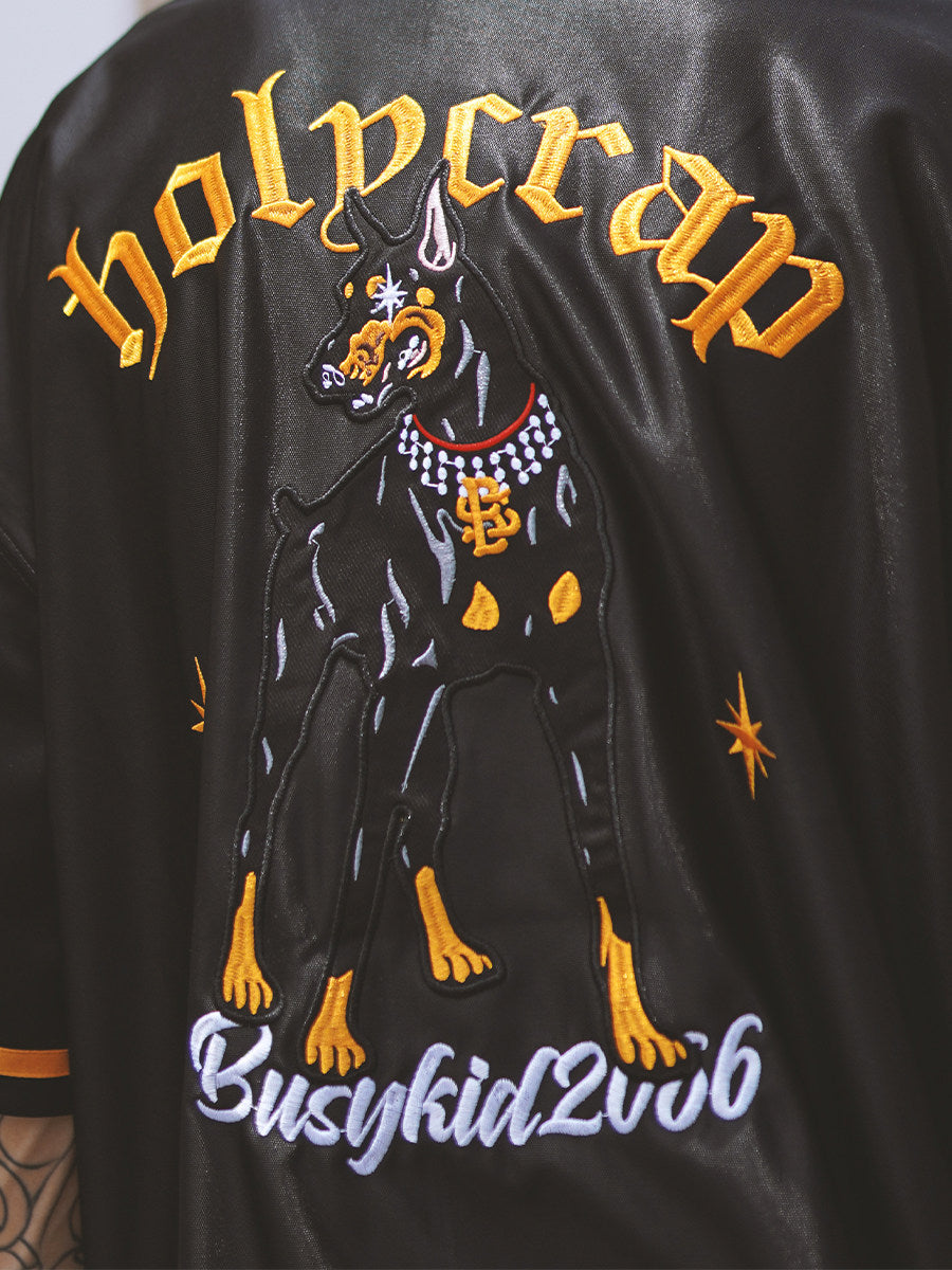 Holycrap Hip Hop Cardigan Jersey Short Sleeve Doberman Pinscher Embroidered Mercerized Baseball Half Sleeve Hip Hop West Coast T-Shirt
